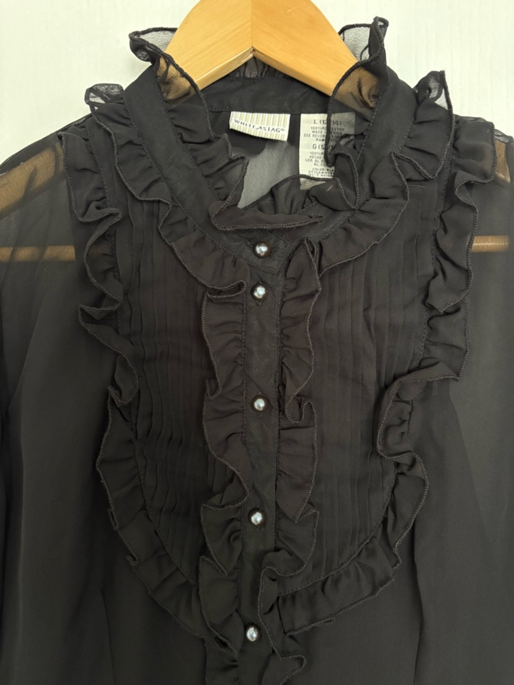 Vintage Black Sheer Ruffle-Front Blouse Victorian Fairy Whimsigoth Layered Large
